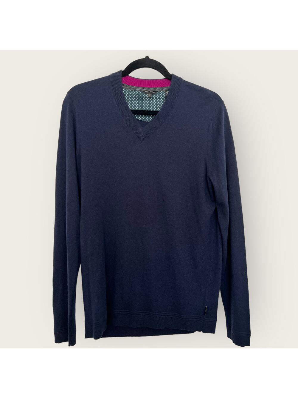 Ted Baker London Wool Sweater | Size 3 Medium | Blue V-neck Pullover Minimalist
